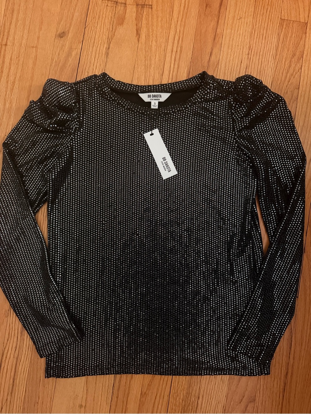 BB Dakota Black Long-Sleeve Glitter Puff Shoulder Top